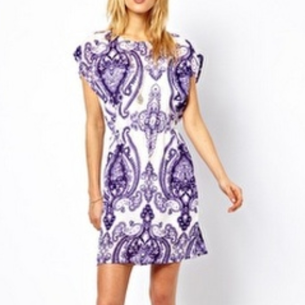 MANGO | Scarf Print Tunic Dress Purple and White S - Picture 3 of 8